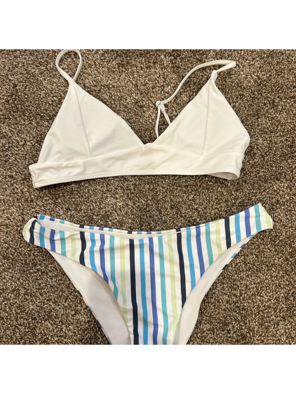 Women’s Cream Triangle Bikini Top with Multicolor Stripe Bottom